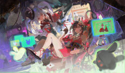  2girls absurdres bare_shoulders black_gloves black_hair brown_hair chinese_commentary commentary_request dual_persona gloves hat highres honkai:_star_rail honkai_(series) japanese_clothes long_hair lying mask mini_hat mini_top_hat multiple_girls muyihui obi okobo one_eye_closed pink_eyes platform_sandals red_eyes sandals sash second-party_source sparkle_(honkai:_star_rail) sparxie_(honkai:_star_rail) top_hat twintails white_hair 