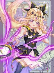  1girl antenna_hair black_bow black_capelet black_dress blonde_hair bow brooch capelet cure_arcana_shadow dress flower frilled_capelet frilled_cuffs frills gradient_hair hair_bow hair_intakes hashtag-only_commentary heart heart_brooch highres holding holding_rod isuzu_(an_icy_cat) jewelry long_hair looking_at_viewer magical_girl meitantei_precure! moria_luluka multicolored_hair open_mouth precure purple_veil purple_wrist_cuffs rod solo staff tear_arcana_rod veil violet_eyes wrist_cuffs 