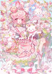  1girl animal_ears basket book bow bowtie bug butterfly chinese_commentary commentary_request dress flower food food-themed_hair_ornament frilled_dress frilled_sleeves frills fruit hair_flower hair_ornament hairclip heart highres holding holding_flower long_hair long_sleeves looking_at_viewer open_mouth original pink_bow pink_dress pink_eyes pink_flower pink_hair pink_ribbon pink_rose pink_theme puffy_sleeves rabbit rainbow ribbon rose sample_watermark shirt smile socks solo twintails watermark white_bow white_shirt xiaochunli 