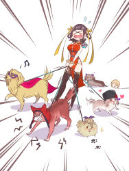  1girl :d angry animal_ear_headwear animal_ears animalization black_hair black_hat black_thighhighs blank_eyes blunt_bangs blush bracelet breasts brown_dog cape carole_reaper charlotta_skopovskaya china_dress chinese_clothes clenched_teeth closed_eyes commentary deerstalker dog dog_ears dog_tail dress emphasis_lines english_commentary eye_mask facing_viewer flying_sweatdrops full_body grey_dog hair_ribbon hat heart heaven_burns_red highres holding holding_leash irene_redmayne jewelry kayamori_ruka large_breasts leash li_yingxia lliissaawwuu2 looking_at_viewer maria_de_angelis mask medium_hair motion_lines musical_note open_mouth orange_dress paw_print pelvic_curtain pet_walking red_cape red_veil ribbon shadow sharp_teeth sidelocks simple_background sleeveless sleeveless_dress smile solo sparkle squeans standing tail tail_wagging team_31x_(heaven_burns_red) teeth thigh-highs veil vritika_balakrishnan wavy_mouth white_background yellow_dog yellow_eyes yellow_ribbon 