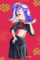  1girl :o black_sailor_collar black_shirt black_skirt blue_hair cephalopod_eyes crop_top earrings hair_over_one_eye hand_on_own_chest hand_on_own_hip highres jewelry looking_at_viewer multiple_earrings navel norishiitsu octoling red_background red_eyes red_pupils sailor_collar sailor_shirt shirt shiver_(splatoon) short_eyebrows skirt sleeves_rolled_up 