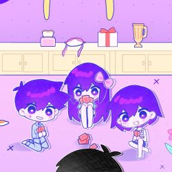  1girl 3boys antenna_hair aubrey_(headspace)_(omori) aubrey_(omori) barefoot black_hair blue_pajamas blue_pants blush bow box bread bread_slice bright_pupils brothers card checkered_clothes chibi chibi_only collared_pajamas commentary english_commentary food fried_egg gift gift_box grin hair_bow hero_(headspace)_(omori) hero_(omori) highres holding holding_card kel_(headspace)_(omori) kel_(omori) kneeling knees_up long_hair long_sleeves looking_at_another multiple_boys omori omori_(omori) open_mouth outline pajamas pants pink_bow playing_card purple_hair saii_(komaedaahj) short_hair siblings sidelocks sitting smile striped_clothes striped_pajamas striped_pants sweatdrop tank_top teeth toaster trophy vertical-striped_clothes vertical-striped_pajamas vertical-striped_pants violet_eyes white_outline white_pupils 