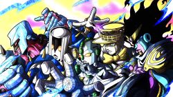  5others absurdres black_hair blue_eyes blue_skin bow bowtie colored_skin compound_eyes crazy_diamond diamond_wa_kudakenai echoes_(stand) echoes_act3 english_commentary green_eyes hat heaven's_door highres jojo_no_kimyou_na_bouken multicolored_skin multiple_others no_humans noonvincent orange_eyes parted_lips pink_skin shoulder_pads sky stand_(jojo) star_platinum the_hand_(stand) two-tone_skin white_skin yellow_bow yellow_bowtie yellow_eyes yellow_hat yellow_sky 