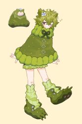  1girl absurdres brown_eyes closed_mouth commentary cone_hair_bun creature_and_personification doodlelotl double_bun english_commentary fangs flower flower_button fur-trimmed_poncho fur-trimmed_skirt fur_trim green_hair green_poncho green_ribbon green_shoes green_skirt green_socks hair_bun hair_flower hair_ornament highres light_blush looking_at_viewer loose_socks messy_hair mosslax neck_ribbon one_eye_closed paw_shoes personification pokemon pokemon_(creature) ribbon shoes short_hair simple_background skirt smile snorlax socks sprout_on_head white_flower yellow_background zzz 