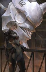  1girl 2b_(nier:automata) absurdres artist_name bodysuit breasts commentary emil_(nier) english_commentary eyelashes grey_bodysuit highres indoors looking_at_viewer mecha mecha_pilot_suit mechanization neon_genesis_evangelion nier:automata nier_(series) parted_lips pink_lips railing robot short_hair small_breasts standing sulka_art white_hair 