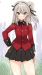  1girl black_ribbon black_skirt blaze_(blazeillust) brown_eyes coat from_side girls_und_panzer girls_und_panzer_saishuushou grass hand_on_own_hip highres official_alternate_costume pleated_skirt red_coat ribbon shimada_arisu simple_background skirt st._gloriana&#039;s_military_uniform white_background wrist_cuffs 