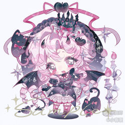  1girl absurdres artist_name black_cat black_dress black_gloves black_horns black_sleeves black_wings blush_stickers boots bow bow_legwear bowtie candle cat chibi collar corset crown curly_hair demon_horns demon_tail demon_wings dress drill_hair elbow_gloves eyelashes footwear_bow frilled_dress frilled_sleeves frilled_socks frills full_body gloves hair_ornament hand_on_own_cheek hand_on_own_face heart high_heels highres holding horns kneehighs lace_trim long_hair looking_at_viewer mini_crown open_mouth original pink_bow pink_bowtie pink_eyes pink_hair pink_ribbon pink_socks pink_thighhighs puffy_short_sleeves puffy_sleeves red_bow red_bowtie ribbon sample_watermark shirt short_dress short_sleeves smile socks solo sparkle tail thigh-highs watermark weibo_username weibo_watermark white_background wings xiaochunli 