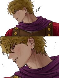  1boy absurdres birthmark blonde_hair dio_brando ear_birthmark highres jacket jojo_no_kimyou_na_bouken male_focus mechimun_jojo parted_lips phantom_blood purple_scarf red_eyes red_jacket scarf short_hair smile solo teeth white_background 