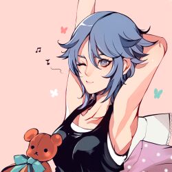  1girl alternate_costume aqua_(kingdom_hearts) arms_up black_tank_top blue_eyes blue_hair bug butterfly english_commentary kingdom_hearts kingdom_hearts_birth_by_sleep kvover_(applebloom) light_smile medium_hair messy_hair morning musical_note one_eye_closed pillow pink_background solo spoken_musical_note stretching stuffed_animal stuffed_toy tank_top teddy_bear upper_body waking_up 