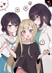  3girls ? @_@ aged_up black_hair black_shirt blonde_hair blue_neckerchief blue_skirt blush breasts brown_eyes cho_kaguya-hime! clone_harem commentary_request dual_persona enunu_7e girl_sandwich green_eyes heart highres kaguya_(cho_kaguya-hime!) lab_coat long_hair medium_breasts medium_hair multiple_girls neckerchief open_mouth revision sailor_collar sakayori_iroha sandwiched school_uniform serafuku shirt short_sleeves simple_background skirt spoken_heart spoken_question_mark time_paradox white_background white_sailor_collar white_shirt yuri 