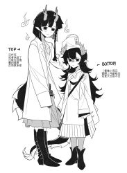  2girls arknights arms_at_sides blue_hair blunt_bangs boots chinese_clothes chinese_commentary chinese_text chun_(arknights) commentary_request dragon_horns dragon_tail eastern_dragon_horns eastern_dragon_tail english_text flipped_hair full_body greyscale haixianshichang75798 headpat highres hitodama horns jacket jacket_on_shoulders jie_(arknights) long_hair long_sleeves maple_leaf_hair_ornament monochrome multiple_girls no_pupils pointy_ears robe serious short_hair sleeves_past_fingers sleeves_past_wrists smile standing tail tears white_background yuri 