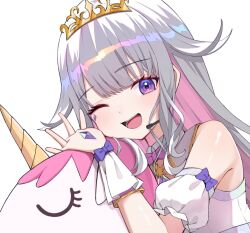  1girl blush breasts chest_jewel colored_inner_hair commentary_request dress gem grey_hair hololive hololive_english jewel_under_eye koseki_bijou long_hair looking_at_viewer multicolored_hair one_eye_closed open_mouth pink_hair purple_gem purple_hair simple_background smile solo sukesan_(user_pyhe5555) unicorn very_long_hair violet_eyes virtual_youtuber white_background 