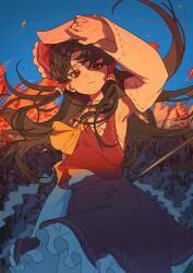  1girl absurdres armpits ascot blue_sky bow brown_hair closed_mouth commentary day detached_sleeves frilled_bow frilled_hair_tubes frilled_skirt frills gohei hair_bow hair_tubes hakurei_reimu highres holding holding_gohei long_hair looking_at_viewer red_bow red_eyes red_skirt ribbon-trimmed_sleeves ribbon_trim romaji_commentary shimiya_jin skirt skirt_set sky smile solo touhou yellow_ascot 