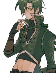  1boy closed_mouth commentary cropped fingerless_gloves fire_emblem fire_emblem:_radiant_dawn fire_emblem_heroes gloves green_hair highres julianlynnnn male_focus midriff navel official_alternate_costume short_hair simple_background solo sothe_(dawning_zephyr)_(fire_emblem) sothe_(fire_emblem) untranslatable_commentary white_background 