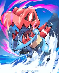  blue_sky claws commentary day english_commentary feraligatr highres instagram_username kelvin-trainerk mega_feraligatr mega_pokemon no_humans nostrils open_mouth outdoors pokemon pokemon_(creature) pokemon_focus sharp_teeth sky solo swimming teeth water yellow_eyes 