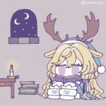  1girl animal_ears antlers arknights blonde_hair book book_stack candle chibi crescent_moon deer_antlers deer_ears deer_girl fire hair_between_eyes hat holding holding_book indoors jitome long_hair moon nightcap nora_(petlico) open_book pants reading sitting slippers solo table twitter_username very_long_hair violet_eyes viviana_(arknights) white_footwear white_pants 