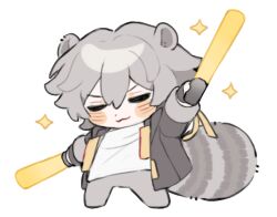  1boy animal_ears arm_up black_gloves black_jacket blush bottomless caelus_(honkai:_star_rail) chibi chibi_only closed_eyes closed_mouth commentary fingerless_gloves full_body gloves glowstick grey_hair hair_between_eyes holding holding_glowstick honkai:_star_rail honkai_(series) jacket kemonomimi_mode lapels leonrui long_sleeves male_focus open_clothes open_jacket penlight_(glowstick) raccoon_ears raccoon_tail shirt short_hair simple_background smile solo sparkle standing t-shirt tail trailblazer_(honkai:_star_rail) v-shaped_eyebrows white_background white_shirt 