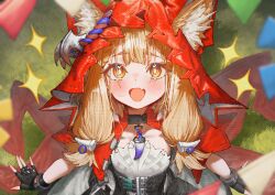  1girl :d absurdres animal_ear_fluff animal_ears arknights arknights:_endfield betanonbeet black_gloves blonde_hair commentary diamond-shaped_pupils diamond_(shape) dress ears_through_headwear fang fingerless_gloves gloves highres hood jewelry long_hair looking_at_viewer low-tied_sidelocks necklace open_mouth rossi_(arknights) sidelocks skin_fang smile solo sparkle straight-on symbol-shaped_pupils tooth_necklace white_dress wolf_ears wolf_girl yellow_eyes 