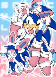  1boy blnkn01z blue_theme character_name cosplay green_eyes hedgehog_boy highres looking_at_viewer pink_theme pokemon pokemon_(creature) sega sonic_(series) sonic_the_hedgehog sylveon sylveon_(cosplay) two-tone_background v 