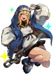 1girl androgyne_symbol bike_shorts bike_shorts_under_skirt black_gloves black_skirt blonde_hair blush bridget_(guilty_gear) cuffs female_focus fingerless_gloves gloves green_eyes guilty_gear guilty_gear_strive habit handcuffs hood hood_up hooded_jacket hoodie jacket long_sleeves looking_at_viewer medium_hair one_eye_closed open_clothes open_hoodie open_mouth pleated_skirt puffy_long_sleeves puffy_sleeves skirt smile solo sowel_(sk3) v yo-yo