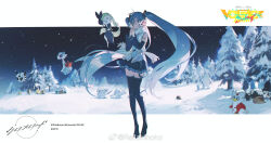  1girl aqua_hair blue_necktie boots commentary copyright_logo detached_sleeves earphones full_body hatsune_miku highres logo long_hair meloetta necktie night official_art outdoors pine_tree pleated_skirt pokemon project_voltage rella scarf sidelocks skirt snow star_(sky) thigh_boots tree twintails vocaloid watermark weibo_username weibo_watermark 