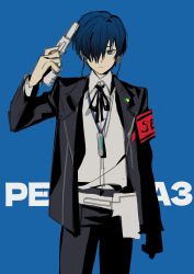  1boy armband betti_(xx_betti) black_jacket black_pants black_ribbon blue_background blue_eyes blue_hair closed_mouth collared_shirt copyright_name earphones gekkoukan_high_school_uniform gun hair_over_one_eye highres holding holding_gun holding_weapon jacket long_sleeves male_focus mp3_player neck_ribbon pants persona persona_3 red_armband ribbon school_uniform shirt simple_background solo weapon white_shirt yuuki_makoto_(persona_3) 