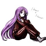  1other alternate_costume androgynous anmita_(rarutos) bandaged_foot bandages clause closed_mouth commentary_request crossed_arms english_text len&#039;en long_hair long_sleeves other_focus parted_bangs purple_hair red_track_suit simple_background sitting solo track_suit very_long_hair violet_eyes white_background 