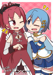 2girls belt blue_belt blue_eyes blue_hair blue_skirt buttons cape commentary dated detached_sleeves dress fortissimo gloves hair_between_eyes hair_ornament hairclip hand_on_another's_arm hand_on_another's_shoulder highres hiyashi_macaron long_hair mahou_shoujo_madoka_magica mahou_shoujo_madoka_magica_(anime) miki_sayaka miki_sayaka_(magical_girl) multiple_girls musical_note musical_note_hair_ornament ponytail red_dress red_eyes red_hair sakura_kyoko sakura_kyoko_(magical_girl) short_hair shout_lines skirt thigh-highs white_cape white_gloves white_thighhighs 