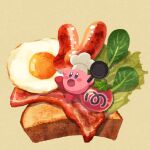  bacon blush_stickers brown_background chef_hat cook_kirby food food_focus fried_egg frying_pan hat highres holding holding_frying_pan kirby kirby_(series) lettuce maxim_tomato miclot open_mouth sausage simple_background toast tomato 