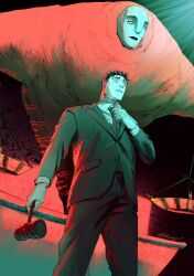  1boy adjusting_clothes adjusting_necktie arm_up artrockerz black_pants closed_mouth collared_shirt commentary english_commentary gavel highres higuruma_hiromi holding jacket judgeman_(jujutsu_kaisen) jujutsu_kaisen lapels long_sleeves male_focus necktie pants parted_lips shirt short_hair sleeve_cuffs standing suit suit_jacket wing_collar 