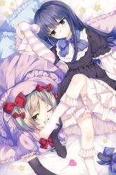  2girls absurdres beret black_dress black_gloves blonde_hair bloomers blue_eyes blue_hair blunt_bangs bow candy cat_tail dress elbow_gloves fang feet food frederica_bernkastel frilled_dress frilled_skirt frilled_sleeves frills gloves hair_bow hair_ornament hashtag-only_commentary hat highres jewelry kneehighs lambdadelta long_hair multiple_girls necklace on_bed pearl_necklace pink_dress pink_hat purple_hair ribbon short_hair skirt smile socks tail umineko_no_naku_koro_ni umirukode violet_eyes yellow_eyes 