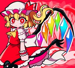  1girl ascot back_bow blonde_hair bow closed_mouth collared_shirt commentary crystal crystal_wings flandre_scarlet frilled_shirt_collar frilled_skirt frills hat highres holding holding_weapon ishiki_nuru laevatein_(touhou) looking_at_viewer mob_cap multicolored_wings one_side_up puffy_short_sleeves puffy_sleeves red_eyes red_skirt red_vest shirt short_sleeves skirt skirt_set solo touhou vest weapon white_bow white_hat white_shirt wings wrist_cuffs yellow_ascot 