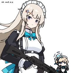  ak-74m ak74m_(girls'_frontline) apron assault_rifle blonde_hair blue_archive blue_eyes brown_hair cosplay dated double_v girls_frontline green_ribbon gun highres holding holding_gun holding_weapon kalashnikov_rifle long_hair looking_at_viewer maid maid_apron maid_headdress ribbon rifle simple_background toki_(blue_archive) user_sgex8545 v violet_eyes weapon white_apron white_background white_headdress 
