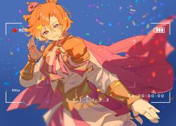  1girl absurdres animal_ears blush breasts cape commentary confetti crown gloves gold_corset hair_between_eyes highres horse_ears horse_girl jewelry john_uma long_sleeves looking_at_viewer mini_crown multiple_rings open_mouth orange_hair pink_cape pink_crown recording ring shirt short_hair skirt smile solo t.m._opera_o_(o_sole_suo!)_(umamusume) t.m._opera_o_(umamusume) two-tone_skirt umamusume untranslatable_commentary violet_eyes white_shirt 