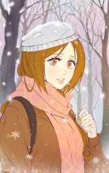  1girl beanie bleach breasts brown_eyes brown_hair brown_jacket character_charm charm_(object) grey_hat hat holding holding_charm inoue_orihime jacket kurosaki_ichigo long_hair looking_at_viewer medium_breasts orange_hair outdoors parted_bangs pink_lips pink_scarf print_scarf scarf senyu0010 snowflakes snowing spiky_hair twitter_username upper_body winter 