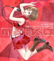  1girl anniversary arm_up boots brown_eyes brown_footwear brown_hair character_name cropped_jacket dated english_text from_side full_body hair_between_eyes highres holding jumping kirita_asami looking_at_viewer meiko_(vocaloid) microphone midair midriff music nail_polish open_mouth red_nails red_skirt short_hair signature singing skirt smile solo vocaloid wire 