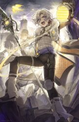  1girl 2boys absurdres aedon_(genshin_impact) arm_up artist_name bird black_gloves black_hat black_pants black_shoes blue_eyes blurry chest_harness clouds coat commentary_request coppepan dated earrings fur-trimmed_coat fur-trimmed_sleeves fur_hat fur_trim genshin_impact gloves grey_coat grey_hair hair_between_eyes harness hat highres holding holding_lantern holding_polearm holding_weapon illuga_(genshin_impact) jewelry knee_pads lantern lapels leg_warmers lighthouse long_sleeves looking_at_viewer male_focus mole mole_under_eye multicolored_hair multiple_boys night open_clothes open_coat open_mouth outdoors overcast pants parted_bangs planted planted_sword polearm prospector's_shovel_(genshin_impact) purple_sash red_hair ribbed_sweater rock sash scar scar_on_neck shoes short_hair signature single_earring sky sleeveless sleeveless_sweater standing sweater sword teeth thigh_strap turtleneck turtleneck_sweater twitter_username two-tone_hair ushanka v-shaped_eyebrows vision_(genshin_impact) weapon white_leg_warmers white_sweater 