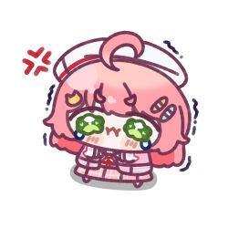  1girl ahoge anger_vein bandaid bandaid_hair_ornament blush_stickers cat_hair_ornament chibi chibi_only closed_mouth commentary_request crying crying_with_eyes_open full_body green_eyes hair_ornament hat highres hololive jacket long_hair long_sleeves maronsd_(maron_04242525) neck_ribbon pink_hair pink_jacket pink_skirt pleated_skirt red_ribbon ribbon sakura_miko simple_background skirt solo standing tears thick_eyebrows trembling v-shaped_eyebrows virtual_youtuber white_background white_hat 