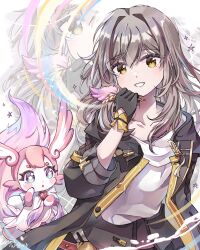  1girl black_gloves black_jacket blue_eyes brown_hair collarbone commentary english_commentary gloves hair_between_eyes hair_intakes highres holding holding_quill honkai:_star_rail honkai_(series) jacket long_hair looking_at_viewer mem_(honkai:_star_rail) quill shirt smile solo star-shaped_pupils star_(symbol) stelle_(honkai:_star_rail) symbol-shaped_pupils trailblazer_(honkai:_star_rail) upper_body white_shirt yellow_eyes yuewishies zoom_layer 