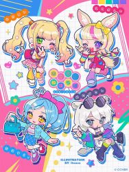  4girls :d :o ;) ;d ahoge animal_ear_fluff animal_ears asymmetrical_legwear bag blonde_hair blue_eyes blue_hair blue_shoes blue_skirt blue_streaks blunt_bangs blush_stickers bow character_name chibi chibi_only closed_mouth commentary_request copyright_notice double-parted_bangs drop_shadow eyewear_on_head full_body green_eyes grid_background hair_between_eyes hair_bow hand_up handbag heart heart_ahoge holding holding_bag hololive itousa kneehighs leaning_forward long_hair long_sleeves looking_at_viewer mismatched_legwear momosuzu_nene multicolored_hair multiple_girls nail_polish nepolabo official_art omaru_polka one_eye_closed open_mouth outline outstretched_arm overall_shorts overalls pants pink_bow pink_overalls pink_shoes pink_shorts pink_skirt pink_socks pink_streaks plaid_clothes plaid_skirt platform_shoes pleated_skirt polka_dot polka_dot_socks ponytail purple_shoes shirt shishiro_botan shoes short_hair shorts skirt smile sneakers socks standing standing_on_one_leg streaked_hair striped_clothes striped_shirt sunglasses tail twintails v violet_eyes virtual_youtuber white_background white_hair white_outline white_shoes white_socks yellow_eyes yellow_nails yellow_pants yukihana_lamy 