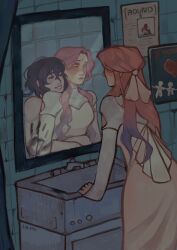  2girls alien_stage black_hair blue_hair calryaa closed_eyes commentary different_reflection english_commentary forehead_jewel hair_ribbon half_updo handprint highres hug hug_from_behind mirror mizi_(alien_stage) multicolored_hair multiple_girls pink_hair poster_(object) reflection ribbon signature sink sua_(alien_stage) tile_wall tiles two-tone_hair white_ribbon yellow_eyes 