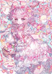  1girl absurdres animal_ears basket blue_background blush_stickers bow bowtie braid bread cake doughnut dress flower food frilled_dress frills fruit gloves hair_bow hair_flower hair_ornament highres holding holding_tray long_hair looking_at_viewer multiple_hair_bows open_mouth original pink_bow pink_eyes pink_flower pink_hair plate rabbit rabbit_ears red_bow ribbon sample_watermark short_sleeves smile solo strawberry tray twin_braids watermark white_dress white_flower white_gloves xiaochunli 