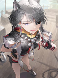  1girl animal_ears arknights arknights:_endfield black_gloves black_socks commentary cotta_(heleif) english_commentary fingerless_gloves from_above gloves grey_hair hand_on_own_hip highres index_finger_raised looking_at_viewer lower_teeth_only multicolored_gloves multicolored_hair open_mouth red_gloves shoes short_sleeves smile socks tail tangtang_(arknights) teeth tiger_ears tiger_girl tiger_tail two-sided_gloves two-tone_gloves 