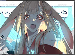  1girl animal_ears art_program_in_frame art_program_request artist_name bare_shoulders blonde_hair cherry_blossom_print cho_kaguya-hime! crescent crescent_hair_ornament dated fingernails floral_print hair_ornament highres hinamie japanese_clothes kaguya_(cho_kaguya-hime!) kimono long_fingernails long_hair looking_at_viewer lop_rabbit_ears nail_polish nose open_mouth orange_eyes pixel_star rabbit_ears red_kimono red_nails round_teeth solo sparkle teeth upper_teeth_only 
