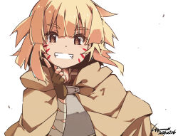  1girl argo_the_rat bandaged_arm bandages brown_gloves brown_hair cape commentary_request dated facial_mark finger_to_cheek fingerless_gloves fingernails gloves hair_between_eyes long_fingernails looking_at_viewer medium_hair shikei signature smile solo sword_art_online upper_body whisker_markings white_background yellow_eyes 