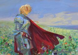  1boy ahoge armor artist_name belt blonde_hair blue_flower blue_sky braid breastplate cape clenched_hand closed_mouth clouds cloudy_sky covered_eyes cowboy_shot cuisses day epaulettes fate/strange_fake fate_(series) floating_cape floating_hair flower from_side full_armor gauntlets gold_trim grass grey_armor hair_over_eyes highres juangeedraws knight long_hair low-braided_long_hair low-tied_long_hair male_focus multicolored_hair orange_flower outdoors pauldrons pink_flower purple_flower red_belt red_cape red_flower red_hair richard_i_(fate) shoulder_armor single_braid sky smile solo standing streaked_hair 