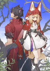  1boy 1girl absurdres animal_ears arknights arknights:_endfield black_gloves black_hair blonde_hair brother_and_sister closed_mouth coat commentary dress fingerless_gloves gloves highres hood hood_up jacket kradebii red_coat red_jacket rossi_(arknights) siblings tail white_dress wolf_ears wolf_girl wolf_tail wulfgard_(arknights) yellow_eyes 