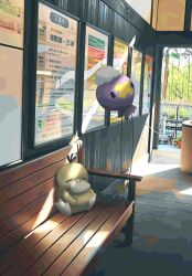  balloon bench bird black_eyes chain closed_eyes clouds commentary drifloon duck highres no_humans photo_background pokemon poster_(object) psyduck railroad_tracks sitting tagme train_station untranslatable_commentary watawatakuro 