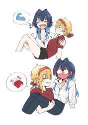  2girls absurdres blonde_hair blue_eyes blue_hair blush breasts carrying carrying_person hair_intakes highres hololive hololive_english hololive_indonesia kaela_kovalskia large_breasts long_hair multicolored_hair multiple_girls ouro_kronii princess_carry red_eyes virtual_youtuber woofwoofx 