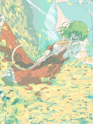  1girl ascot breasts closed_mouth dutch_angle expressionless facing_viewer floating_clothes floating_hair flower full_body green_hair grid_print hand_up highres holding holding_umbrella kazami_yuuka long_skirt long_sleeves medium_breasts medium_hair o_blujaja open_clothes open_vest outdoors parasol red_eyes red_skirt red_vest shirt sideways_glance skirt sky solo touhou umbrella vest white_shirt yellow_ascot 